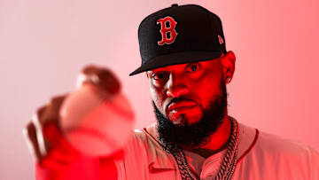 Feb 18, 2025; Lee County, FL, USA; Boston Red Sox pitcher Luis Guerrero (99) participates in media day at JetBlue Park at Fenway South. Mandatory Credit: Nathan Ray Seebeck-Imagn Images