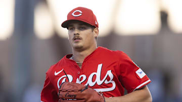 Mar 4, 2025; Phoenix, Arizona, USA; Cincinnati Reds pitcher Chase Petty against the Los Angeles Dodgers during a spring training game at Camelback Ranch-Glendale. Mandatory Credit: Mark J. Rebilas-Imagn Images