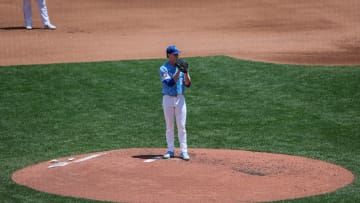 Jun 26, 2024; Kansas City, Missouri, USA; Kansas City Royals pitcher Brady Singer (51) throws against the Miami Marlins during the fifth inning at Kauffman Stadium. Mandatory Credit: William Purnell-USA TODAY Sports