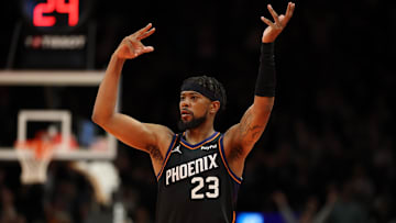 Nov 21, 2025; Phoenix, Arizona, USA; Phoenix Suns guard Jordan Goodwin (23) reacts against the Minnesota Timberwolves in the second half of an NBA Cup game at Mortgage Matchup Center. Mandatory Credit: Mark J. Rebilas-Imagn Images