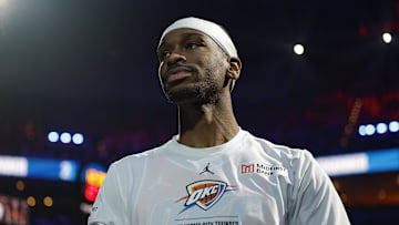 Nov 26, 2025; Oklahoma City, Oklahoma, USA; Oklahoma City Thunder guard Shai Gilgeous-Alexander stands during introductions before a game against the Minnesota Timberwolves at Paycom Center. Mandatory Credit: Alonzo Adams-Imagn Images