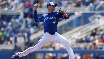 Feb 28, 2024; Dunedin, Florida, USA;  Toronto Blue Jays relief pitcher Trevor Richards (33) throws a pitch against the Tampa Bay Rays in the fifth inning at TD Ballpark. Mandatory Credit: Nathan Ray Seebeck-USA TODAY Sports