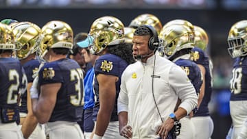 Oct 19, 2024; Atlanta, Georgia, USA; Notre Dame Fighting Irish head coach Marcus Freeman shown during the game against the  Georgia Tech Yellow Jackets at Mercedes-Benz Stadium. Mandatory Credit: Dale Zanine-Imagn Images