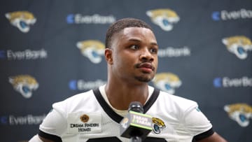 Jul 24, 2024; Jacksonville, FL, USA; Jacksonville Jaguars  cornerback Tyson Campbell (32) participates in training camp at Miller Electric Center. Mandatory Credit: Nathan Ray Seebeck-USA TODAY Sports