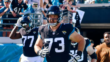 Jacksonville Jaguars guard Blake Hance (73) runs on the field before an NFL football matchup Sunday, Nov. 19, 2023 at EverBank Stadium in Jacksonville, Fla. The Jacksonville Jaguars defeated the Tennessee Titans 34-14. [Corey Perrine/Florida Times-Union]