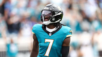 Oct 6, 2024; Jacksonville, Florida, USA; Jacksonville Jaguars wide receiver Brian Thomas Jr. (7) scores a touchdown against the Indianapolis Colts in the second quarter at EverBank Stadium. Mandatory Credit: Nathan Ray Seebeck-Imagn Images