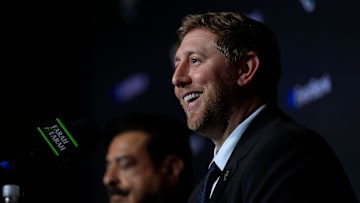 New Jacksonville Jaguars head coach, Liam Coen, smiles next to Jaguars owner Shad Khan after speaking and being introduced during a press conference Monday, Jan. 27, 2025 at the Miller Electric Center in Jacksonville, Fla. [Corey Perrine/Florida Times-Union]
