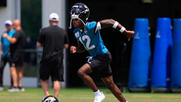 Jacksonville Jaguars wide receiver Travis Hunter (12) runs a route during the first organized team activity at Miller Electric Center Monday, May 19, 2025 in Jacksonville, Fla.