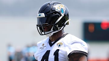 Jacksonville Jaguars defensive end Josh Hines-Allen (41) looks on during the first organized team activity at Miller Electric Center Monday, May 19, 2025 in Jacksonville, Fla.