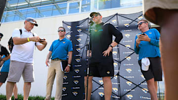 Jacksonville Jaguars head coach Liam Coen speaks to members of the media during the second mandatory minicamp at Miller Electric Center Wednesday, June 11, 2025 in Jacksonville, Fla.