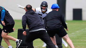 Jacksonville Jaguars linebacker Jack Kiser (54) communicates during a rookie minicamp at Miller Electric Center Saturday, May 10, 2025 in Jacksonville, Fla. [Corey Perrine/Florida Times-Union]