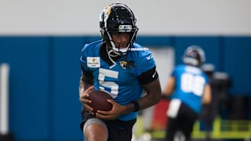 Jacksonville Jaguars wide receiver Dyami Brown (5) runs the ball during the 10th organized team activity at Miller Electric Center Wednesday, June 4, 2025 in Jacksonville, Fla. [Corey Perrine/Florida Times-Union]