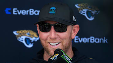 Jacksonville Jaguars head coach Liam Coen speaks to members of the media after an NFL training camp session at the Miller Electric Center, Wednesday, July 23, 2025, in Jacksonville, Fla.