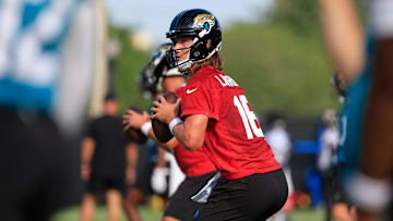 Jacksonville Jaguars quarterback Trevor Lawrence (16) looks to pass during an NFL training camp session at the Miller Electric Center, Wednesday, July 23, 2025, in Jacksonville, Fla. 