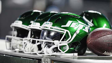Aug 17, 2024; Charlotte, North Carolina, USA; New York Jets helmets during the second half against the Carolina Panthers at Bank of America Stadium. Mandatory Credit: Jim Dedmon-Imagn Images
