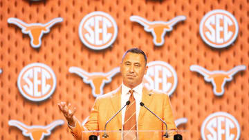 Jul 17, 2024; Dallas, TX, USA; Texas head coach Steve Sarkisian speaking at Omni Dallas Hotel. Mandatory Credit: Brett Patzke-USA TODAY Sports