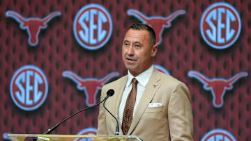 July 15, 2025; Atlanta, GA, USA; Texas head coach Steve Sarkisian speaks during SEC Media Days at the College Football Hall of Fame in Atlanta.