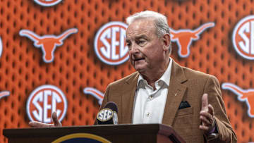 Oct 14, 2025; Birmingham, AL, USA; Texas Longhorns head coach Vic Schaefer talks with the media during SEC Media Days at Grand Bohemian Hotel. Mandatory Credit: Vasha Hunt-Imagn Images