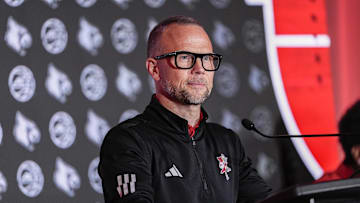 Oct 10, 2024; Charlotte, NC, USA; Louisville head coach Pat Kelsey answers questions from the media at The Hilton Charlotte Uptown. Mandatory Credit: Jim Dedmon-Imagn Images