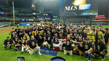 The Milwaukee Brewers celebrate their 3-1 win over the Chicago Cubs after their National League Division Series game Saturday, October 11, 2025 at American Family Field in Milwaukee, Wisconsin.