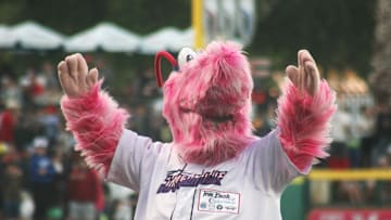Jacksonville Jumbo Shrimp mascot Scampi waves to fans during Opening Day baseball against the Gwinnett Stripers on March 29, 2024. 