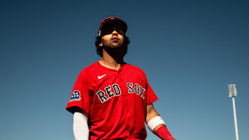 Marcelo Mayer gets ready for a Spring Training game on March 11, 2025, at JetBlue Park in Fort Myers, Florida.