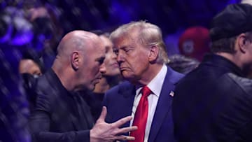 Nov 16, 2024; New York, NY, USA; President-elect Donald Trump speaks with Dana White (left) during UFC 309 at Madison Square Garden. Mandatory Credit: Brad Penner-Imagn Images