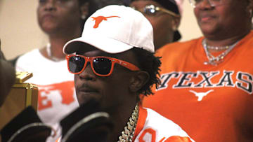 Mandarin wide receiver Jaime Ffrench Jr. speaks with reporters after committing to Texas on August 30, 2024. [Clayton Freeman/Florida Times-Union]