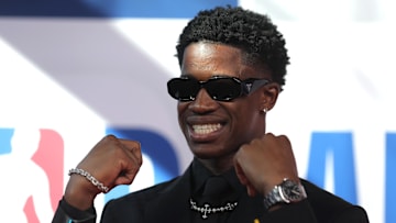 Jun 25, 2025; Brooklyn, NY, USA; VJ Edgecombe arrives before the first round of the 2025 NBA Draft at Barclays Center. Mandatory Credit: Brad Penner-Imagn Images