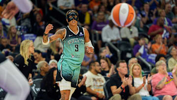 Sep 14, 2025; Phoenix, Arizona, USA; New York Liberty guard Natasha Cloud (9) calls for the ball during the first half against the Phoenix Mercury during game one of the 2025 WNBA Playoffs round one at PHX Arena. Mandatory Credit: Allan Henry-Imagn Images
