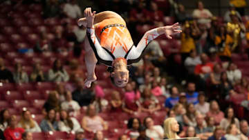 Apr 6, 2025; Tuscaloosa, AL, USA; Sophia Esposito competes for Oregon State on the balance beam at Coleman Coliseum during the NCAA Gymnastics Tuscaloosa Regional. Florida won the event wtih a 197.700 and Alabama placed second to advance with a 197.675.