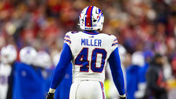 Jan 26, 2025; Kansas City, MO, USA; Detailed view of the jersey of Buffalo Bills linebacker Von Miller (40) against the Kansas City Chiefs during the AFC Championship game at GEHA Field at Arrowhead Stadium. Mandatory Credit: Mark J. Rebilas-Imagn Images