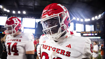 Rutgers Scarlet Knights defensive lineman Jordan Walker (82) Credit: Mark J. Rebilas-Imagn Images