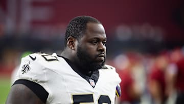 Aug 10, 2024; Glendale, Arizona, USA; New Orleans Saints  defensive tackle Khalen Saunders (50) against the Arizona Cardinals during a preseason NFL game at State Farm Stadium. Mandatory Credit: Mark J. Rebilas-Imagn Images