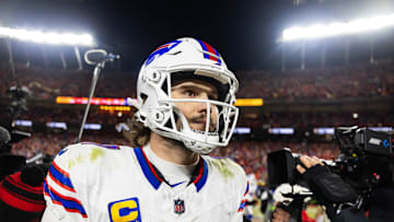 Jan 26, 2025; Kansas City, MO, USA; Buffalo Bills quarterback Josh Allen (17) reacts as he walks off the field after losing to the Kansas City Chiefs during the AFC Championship game at GEHA Field at Arrowhead Stadium. Mandatory Credit: Mark J. Rebilas-Imagn Images