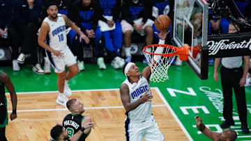 Orlando Magic forward Paolo Banchero (5) drives the ball to the basket against the Boston Celtics in the first quarter during game five of first round for the 2025 NBA Playoffs at TD Garden. 