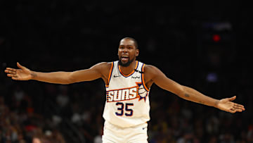 Oct 28, 2024; Phoenix, Arizona, USA; Phoenix Suns forward Kevin Durant (35) reacts to a play during the first half against the Los Angeles Lakers at Footprint Center. Mandatory Credit: Mark J. Rebilas-Imagn Images
