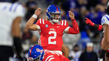 Mississippi Rebels quarterback Jaxson Dart (2) calls a play during the first quarter of the TaxSlayer Gator Bowl Thursday, Jan. 2, 2025 at EverBank Stadium in Jacksonville, Fla. [Corey Perrine/Florida Times-Union]