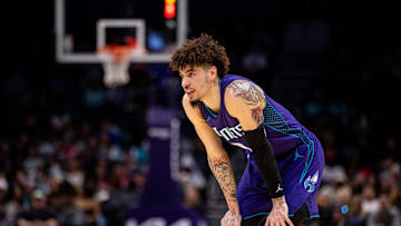 Mar 1, 2025; Charlotte, North Carolina, USA; Charlotte Hornets guard LaMelo Ball (1) looks on during a free throw in the fourth quarter against the Washington Wizards at Spectrum Center. Mandatory Credit: Scott Kinser-Imagn Images