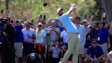 Scottie Scheffler tees off on the ninth hole during the second round of The Players Championship PGA golf tournment Friday, March 14, 2025 at TPC Sawgrass in Ponte Vedra Beach, Fla. [Corey Perrine/Florida Times-Union]