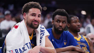 Apr 16, 2024; Sacramento, California, USA; Golden State Warriors guard Klay Thompson (11) sits on the bench during action against the Sacramento Kings in the fourth quarter during a play-in game of the 2024 NBA playoffs at the Golden 1 Center. Mandatory Credit: Cary Edmondson-USA TODAY Sports