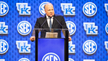 Jul 18, 2024; Dallas, TX, USA; Kentucky head coach Mark Stoops speaking at Omni Dallas Hotel. Mandatory Credit: Brett Patzke-USA TODAY Sports