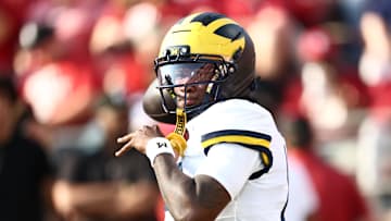 Sep 6, 2025; Norman, Oklahoma, USA; Michigan Wolverines quarterback Bryce Underwood (19) warms up prior to a game against the Oklahoma Sooners at Gaylord Family-Oklahoma Memorial Stadium. Mandatory Credit: Kevin Jairaj-Imagn Images