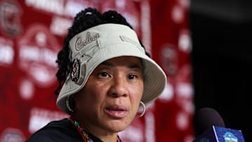 Apr 5, 2025; Tampa, FL, USA; South Carolina Gamecocks head coach Dawn Staley talks to media before practice at Amalie Arena. Mandatory Credit: Nathan Ray Seebeck-Imagn Images