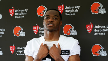 Browns top wide receiver Amari Cooper talks to the media following the first day of training camp at the Greenbrier Resort in White Sulpher Springs, W. Va. 