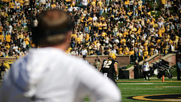 Oct 20, 2024; Columbia, Missouri, USA; Missouri Tigers coach Eli Drinkwitz looks at the field prior to a kickoff against the Auburn Tigers at Faurot Field at Memorial Stadium.