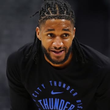 May 9, 2025; Denver, Colorado, USA; Oklahoma City Thunder guard Isaiah Joe (11) before the game against the Denver Nuggets during game three of the second round for the 2025 NBA Playoffs at Ball Arena. Mandatory Credit: Ron Chenoy-Imagn Images