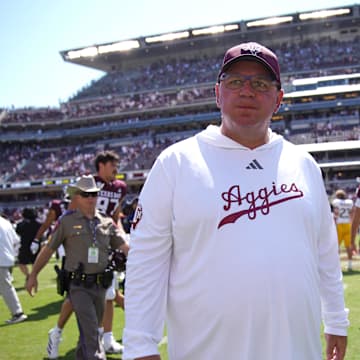 Sep 7, 2024; College Station, Texas, USA; Texas A&M Aggies head coach Mike Elko leaves the field following a 52-10 win against the McNeese State Cowboys at Kyle Field. Mandatory Credit: Dustin Safranek-Imagn Images