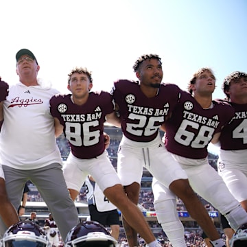 Sep 7, 2024; College Station, Texas, USA; Texas A&M Aggies head coach Mike Elko celebrates a 52-10 win against the McNeese State Cowboys at Kyle Field. Mandatory Credit: Dustin Safranek-Imagn Images