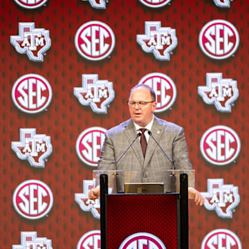 Jul 18, 2024; Dallas, TX, USA; Texas A&M head coach Mike Elko speaking at Omni Dallas Hotel. Mandatory Credit: Brett Patzke-Imagn Images